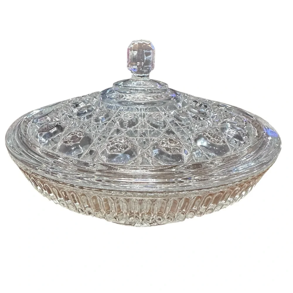 Vintage Pressed Glass Cut Crystal Candy Dish with‎ Lid